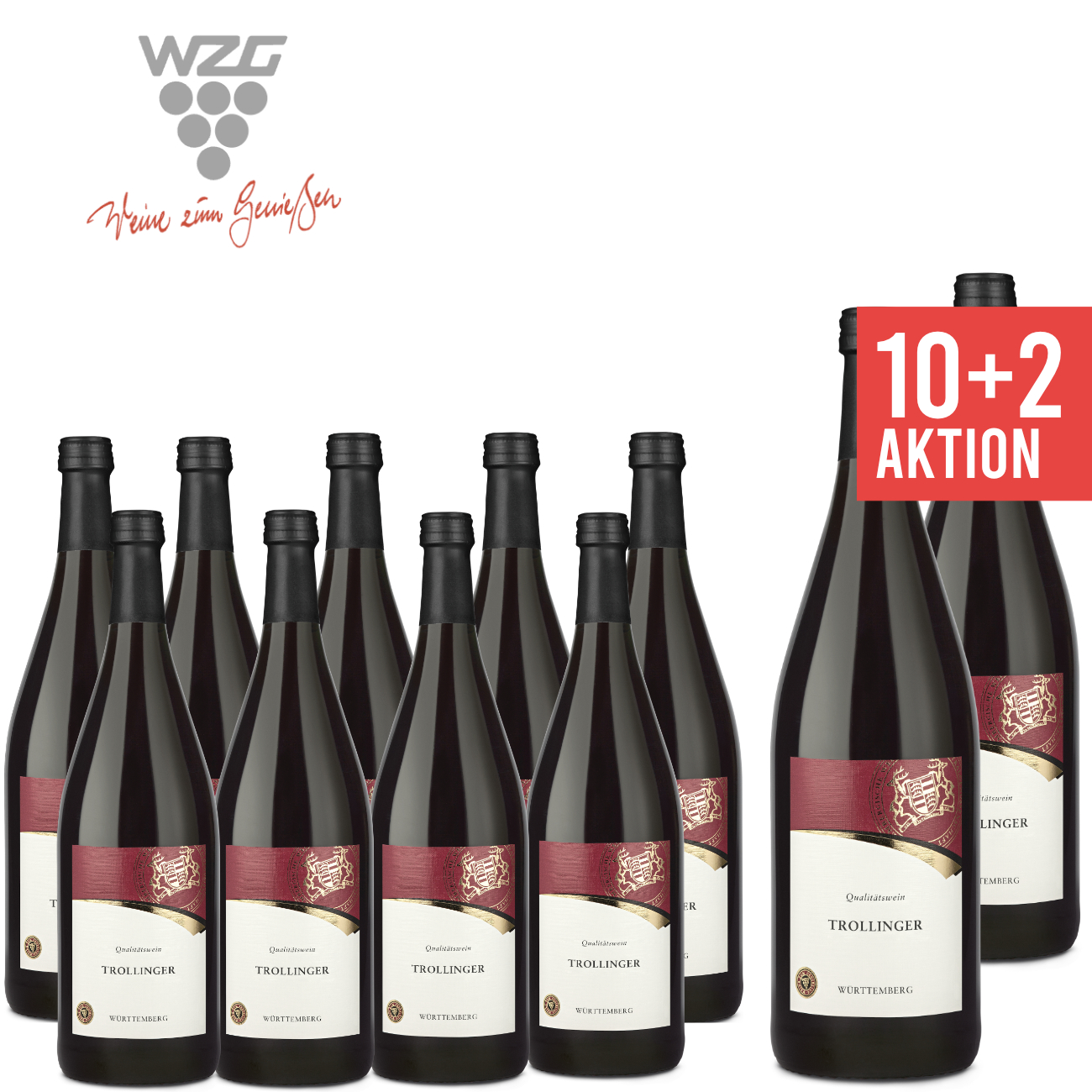 WZG Möglingen 10+2 Trollinger Württemberg 1,0 L - Qualitätswein, Rotwein, halbtrocken, Literflasche, 1-Liter, Württemberger Wein