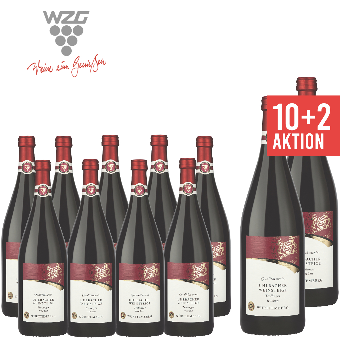 WZG Möglingen 10+2 Uhlbacher Weinsteige Trollinger trocken 1,0 L - Angebot, Qualitätswein, Rotwein, Württemberg, günstige Literflasche, 1-Liter